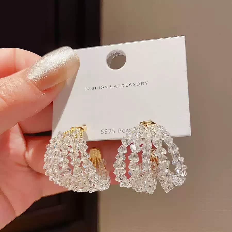Bold Chunky Hoop Earrings with All-Over Clear Crystal Beaded Design Gold