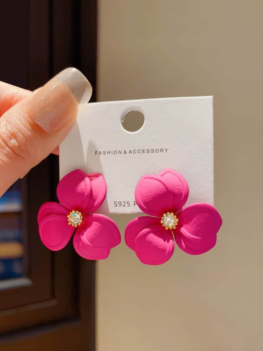 Bold Fuchsia Pink Matte Finish Flower Stud Earrings Pink