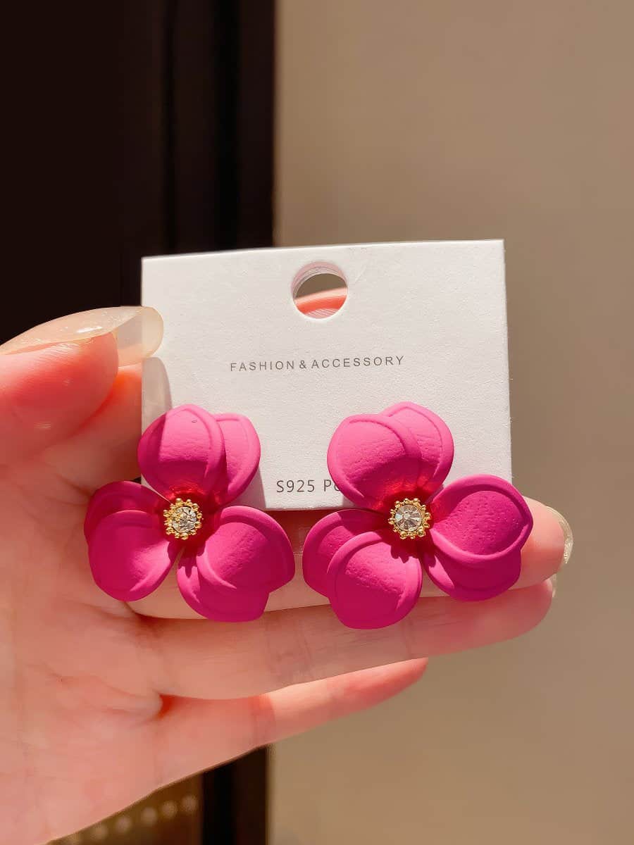 Bold Fuchsia Pink Matte Finish Flower Stud Earrings Pink