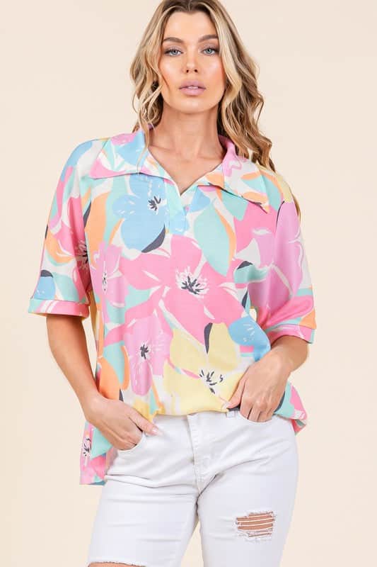 BOMBOM Floral Collared Neck Half Sleeve Top Multicolor / S