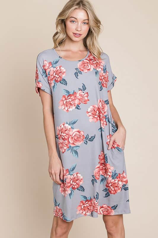 BOMBOM Floral Round Neck Short Tee Dress with Pockets Grey / S