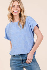 BOMBOM Textured Floral Pattern Short Sleeve T-Shirt Light Blue / S
