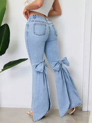 Bow-Accented Flare Leg Jeans Blue / S