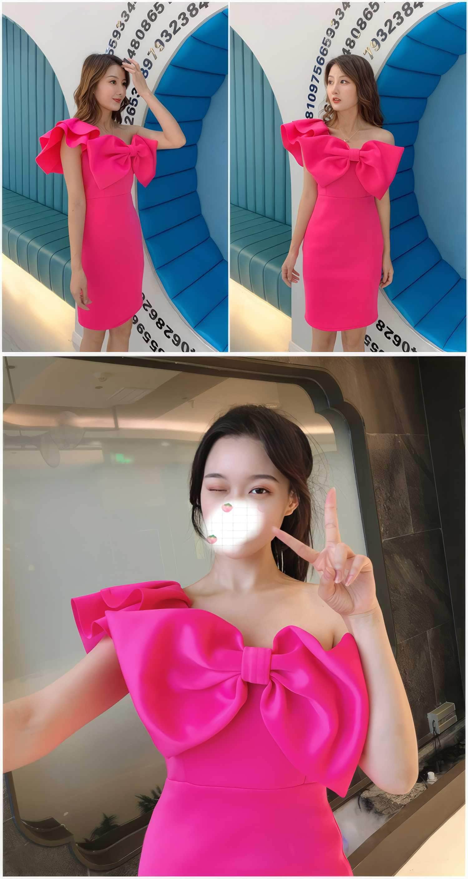 Bow Adorned One Shoulder Frill Mini Dress