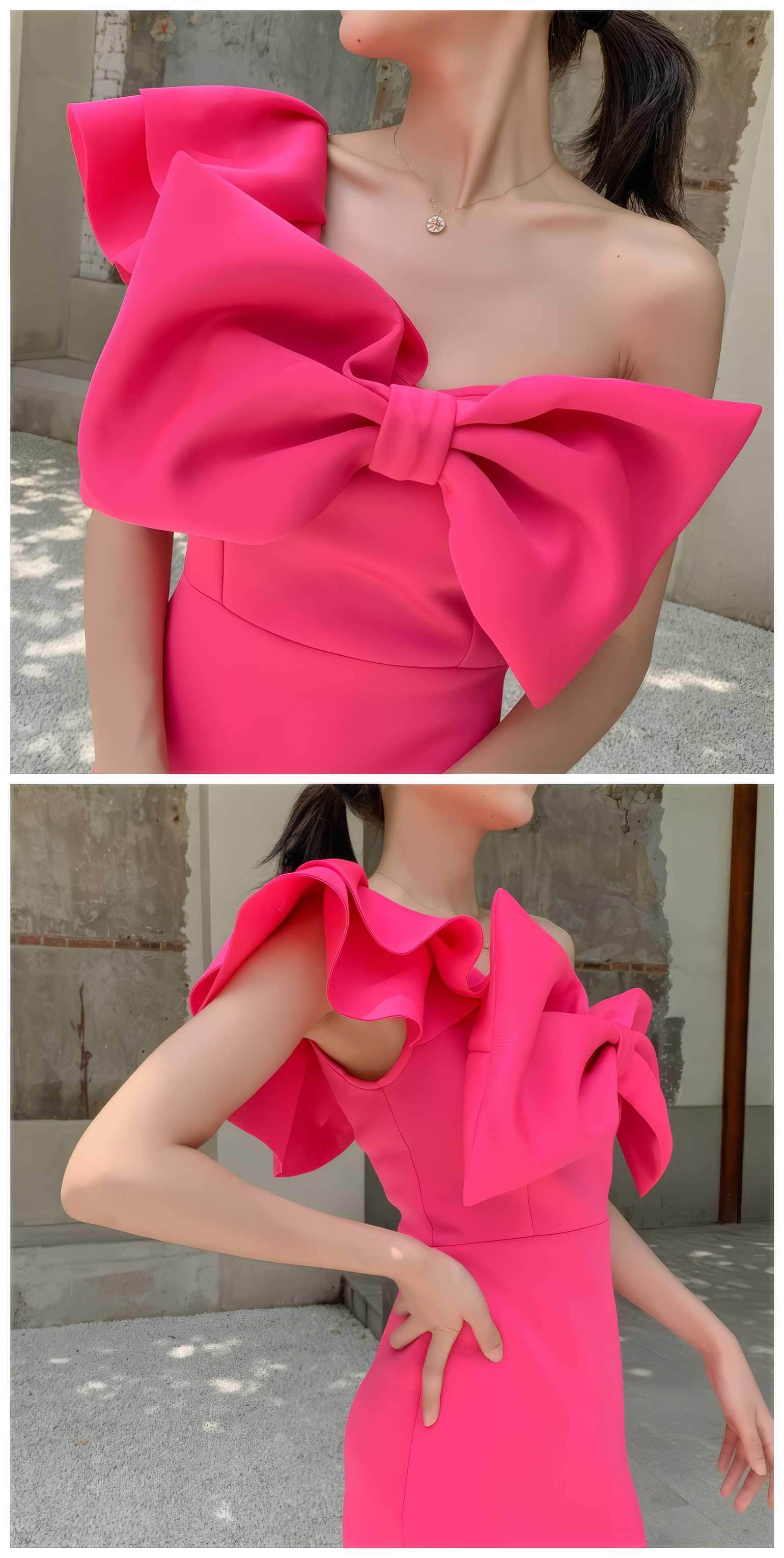 Bow Adorned One Shoulder Frill Mini Dress