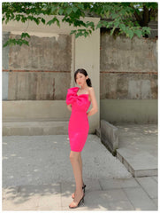 Bow Adorned One Shoulder Frill Mini Dress