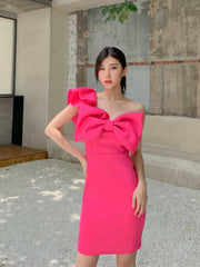 Bow Adorned One Shoulder Frill Mini Dress