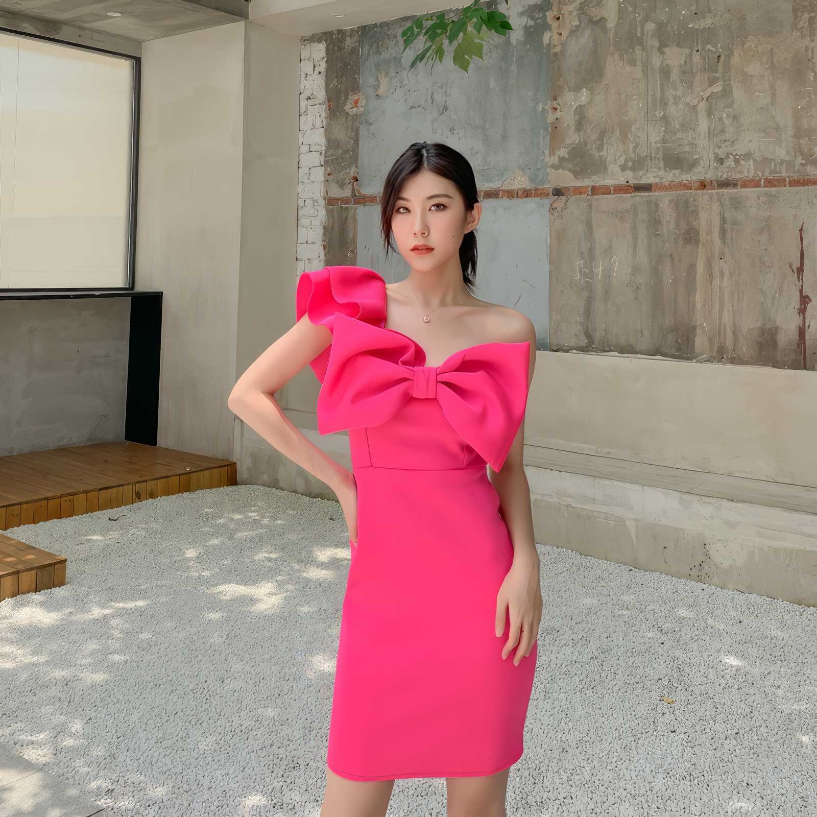 Bow Adorned One Shoulder Frill Mini Dress