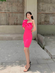 Bow Adorned One Shoulder Frill Mini Dress S / DeepPink
