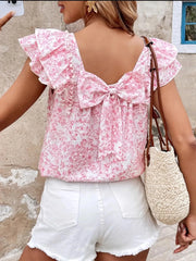 Bow Back Floral Print Ruffle Sleeve Blouse