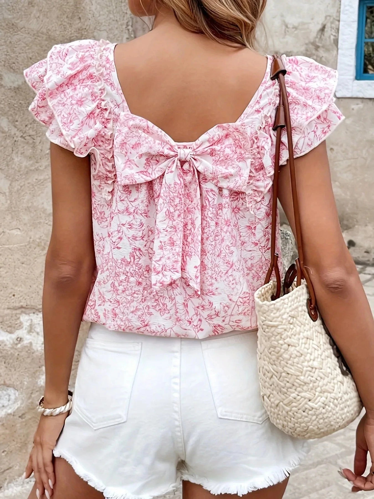 Bow Back Floral Print Ruffle Sleeve Blouse Pink / S