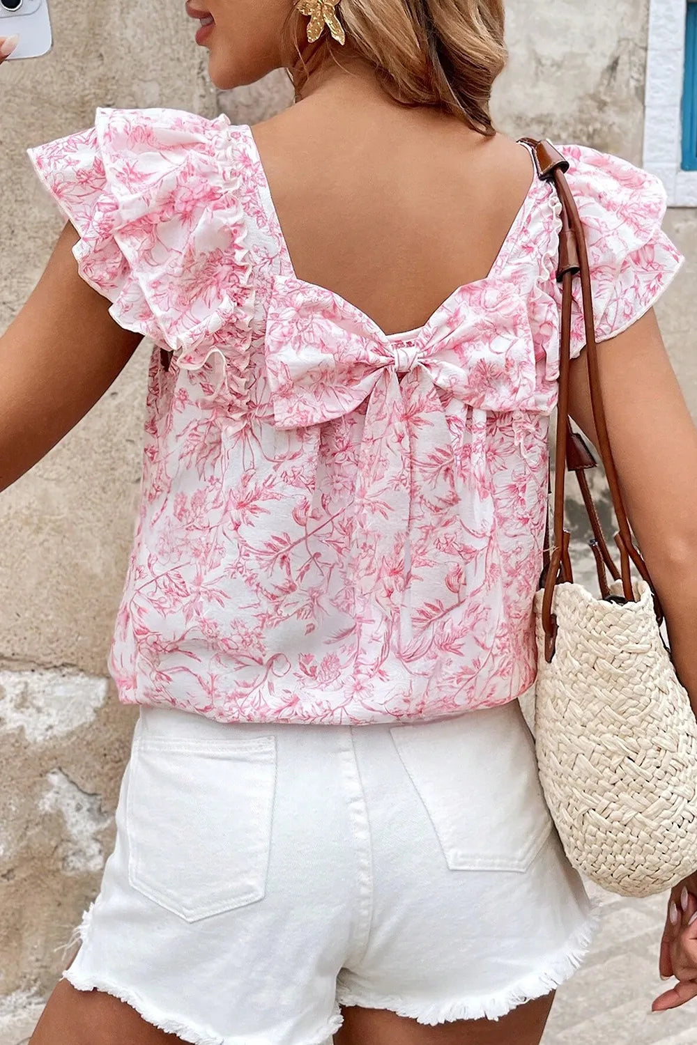 Bow Back Printed Ruffled Cap Sleeve Blouse Blush Pink / S