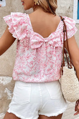 Bow Back Printed Ruffled Cap Sleeve Blouse Blush Pink / S