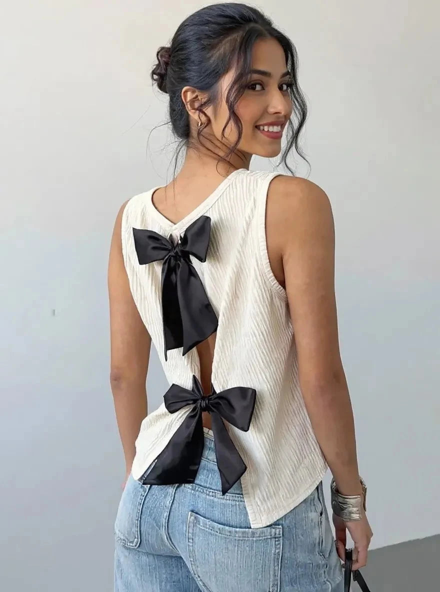 Bow Back Ribbed Tank Top Beige / S