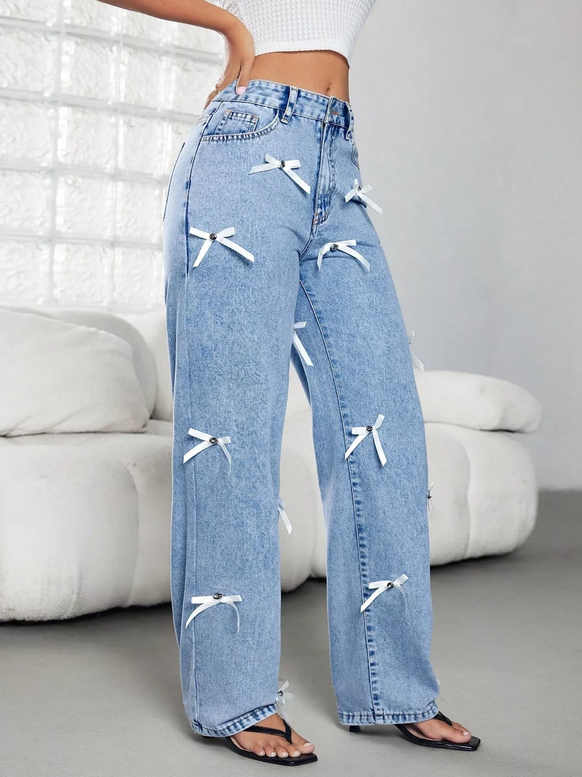 Bow Decor High Waist Wide Leg Jeans Blue / XS