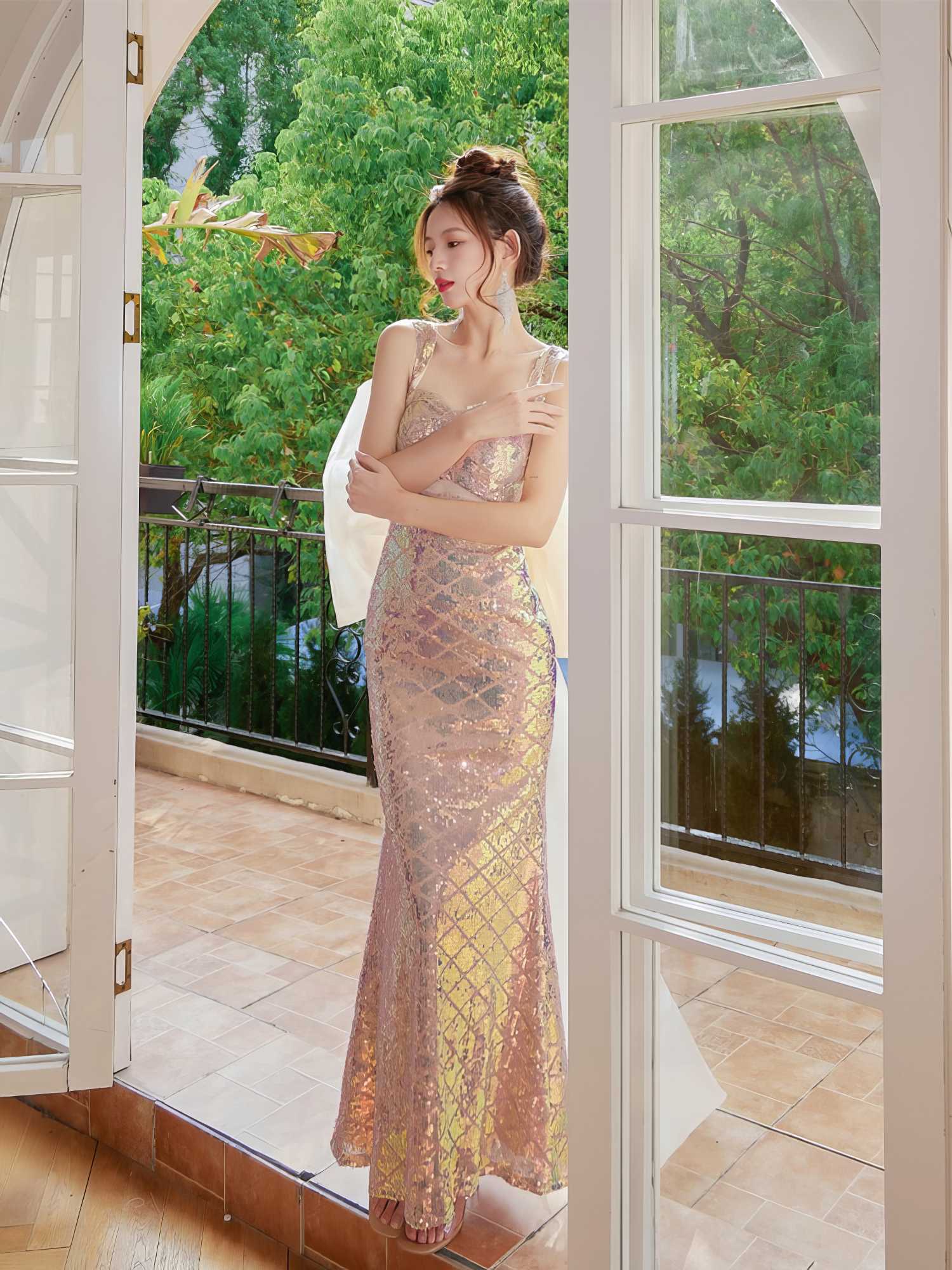 Bow Detail Mermaid Shimmering Sequin Gown