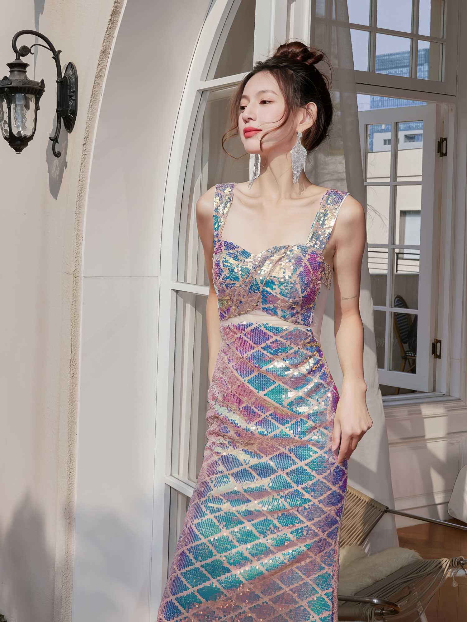 Bow Detail Mermaid Shimmering Sequin Gown