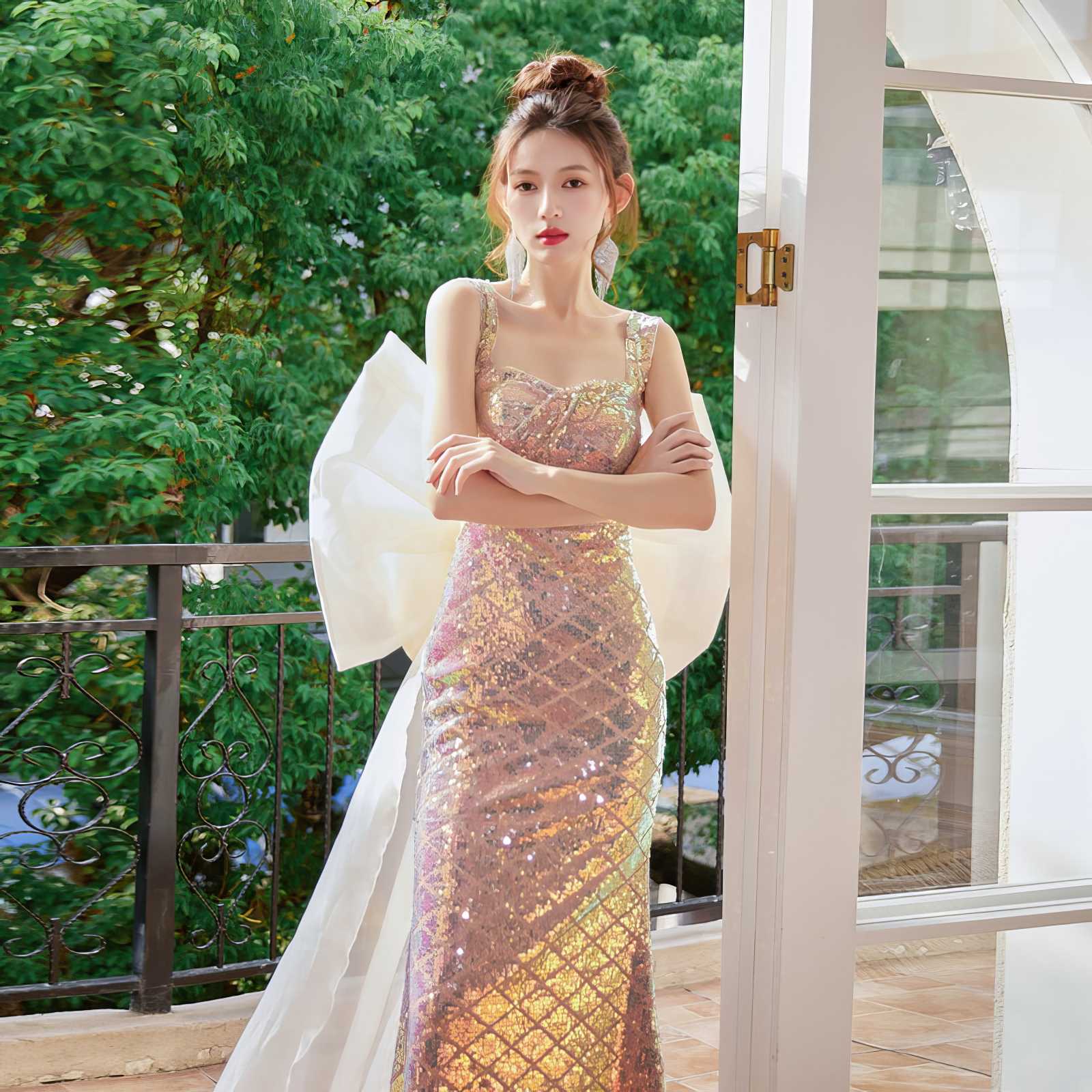 Bow Detail Mermaid Shimmering Sequin Gown
