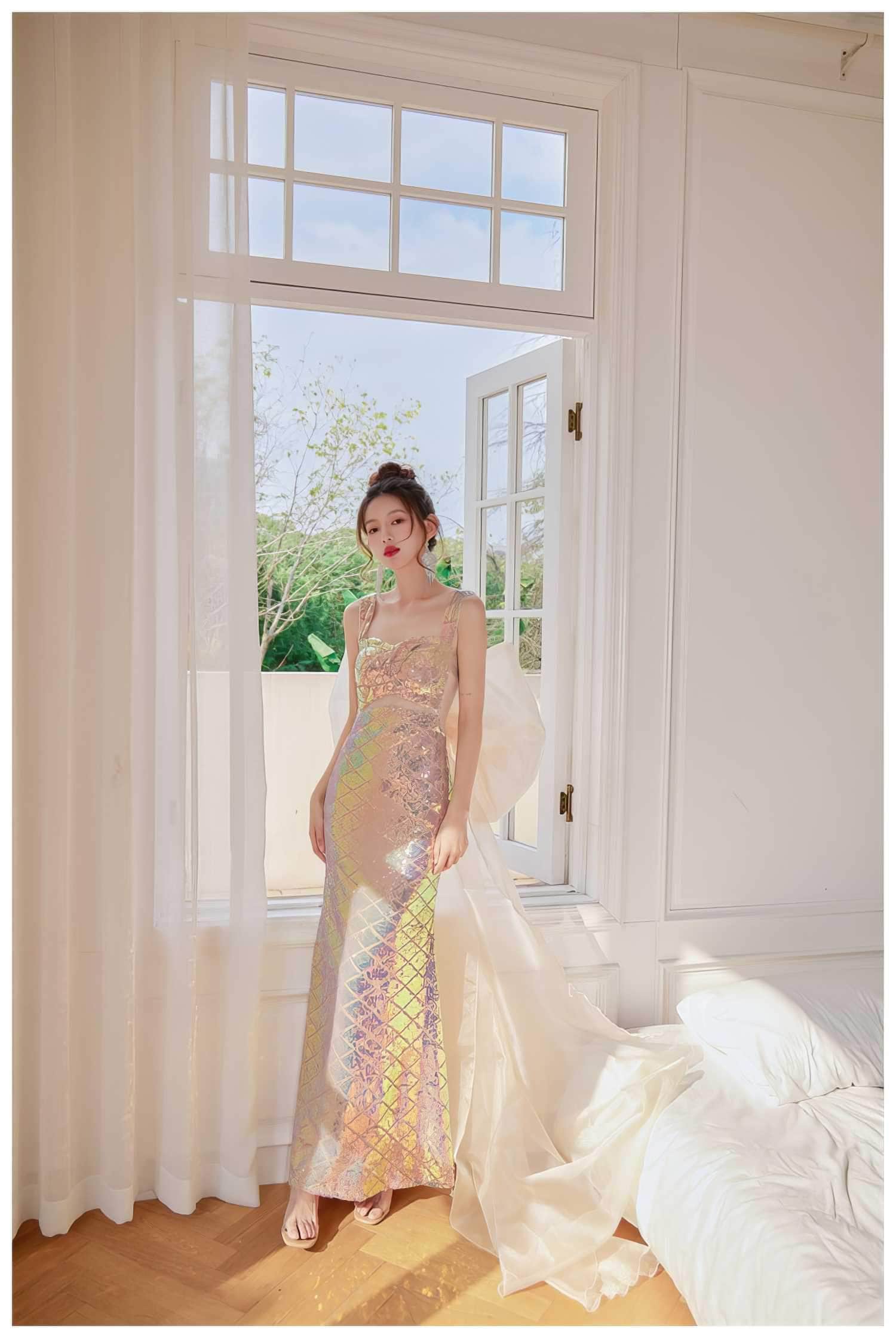 Bow Detail Mermaid Shimmering Sequin Gown