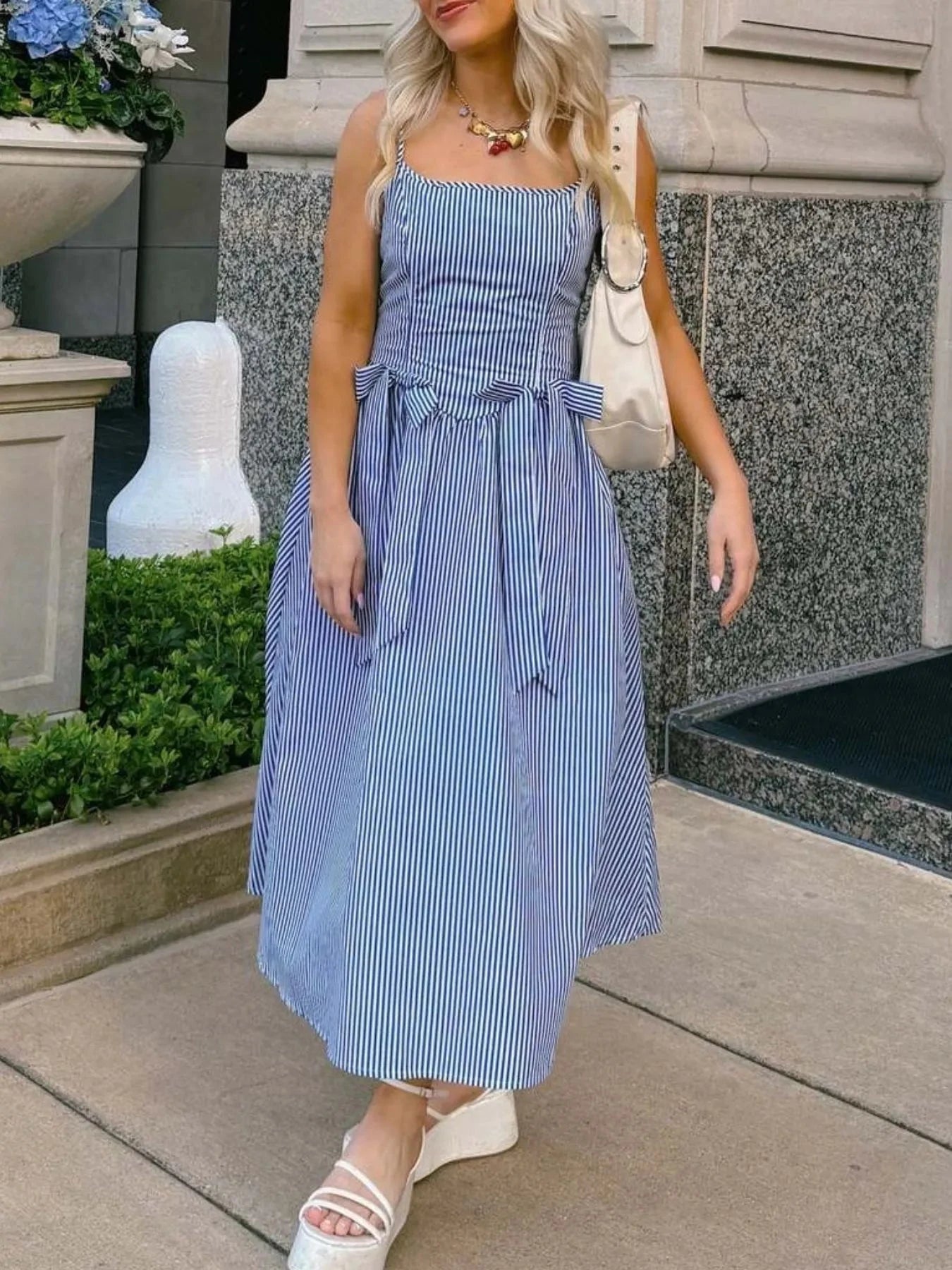 Bow Detail Midi Cami Dress Blue Stripes / S