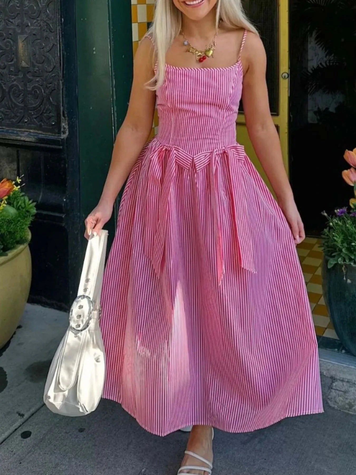 Bow Detail Midi Cami Dress Red Stripe / S