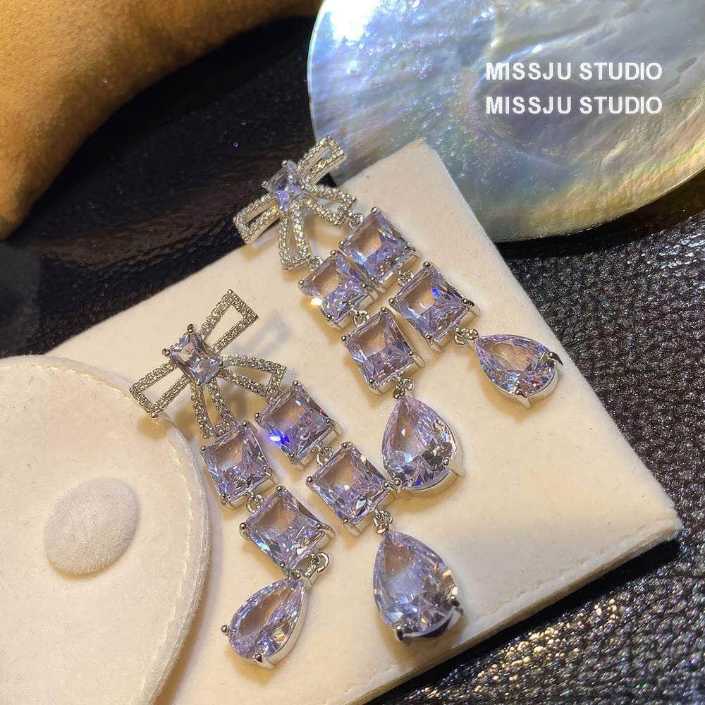 Bow Detailed Tassel Crystal Dangle Earrings White