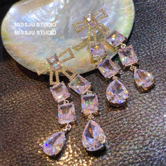 Bow Detailed Tassel Crystal Dangle Earrings White