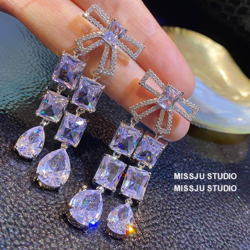 Bow Detailed Tassel Crystal Dangle Earrings White