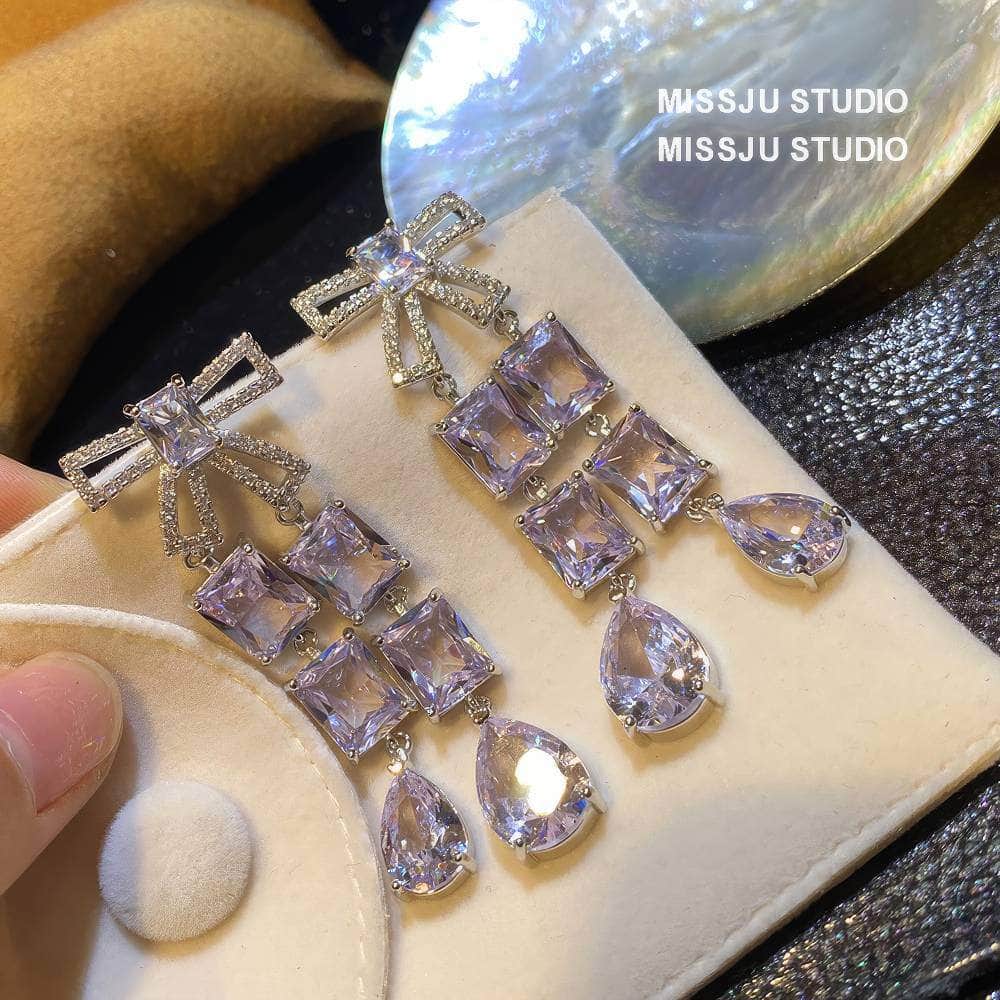Bow Detailed Tassel Crystal Dangle Earrings White