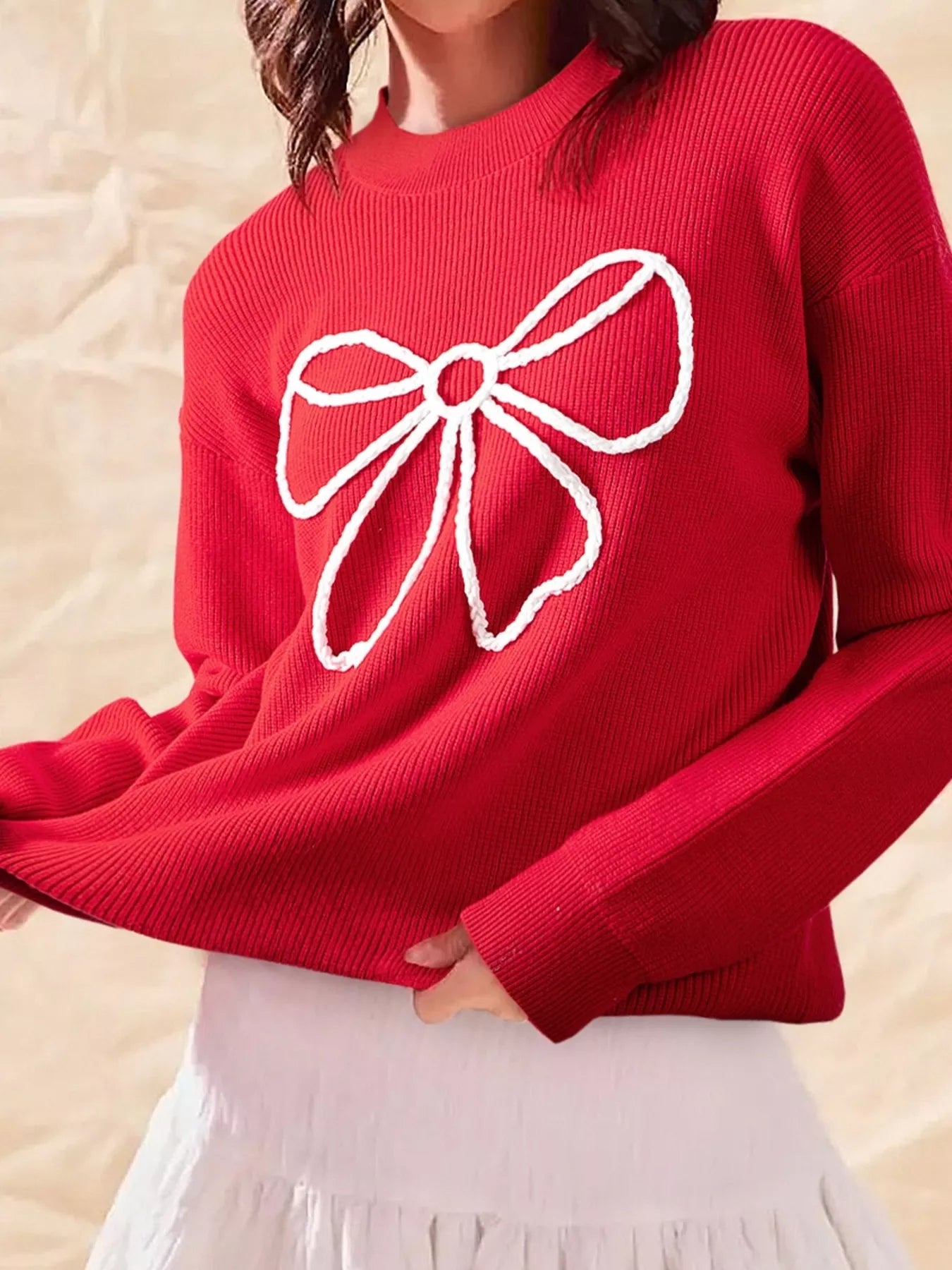 Bow-Embellished Ribbed Sweater Deep Red / S