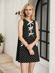 Bow Front Polka Dot Sleeveless Dress Black / S