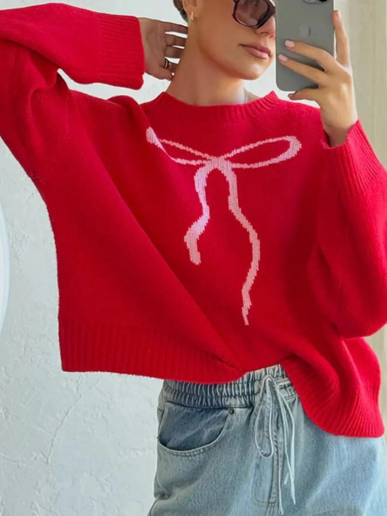 Bow Graphic Ribbed Hem Round Neck Sweater