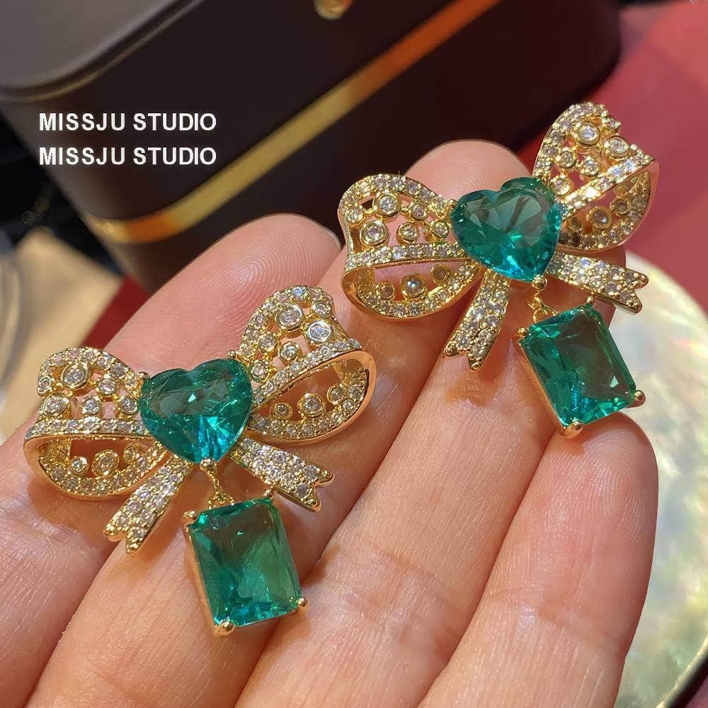 Bow Knot Heart Shaped Deco Emerald Stud Earrings Green