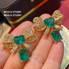 Bow Knot Heart Shaped Deco Emerald Stud Earrings Green