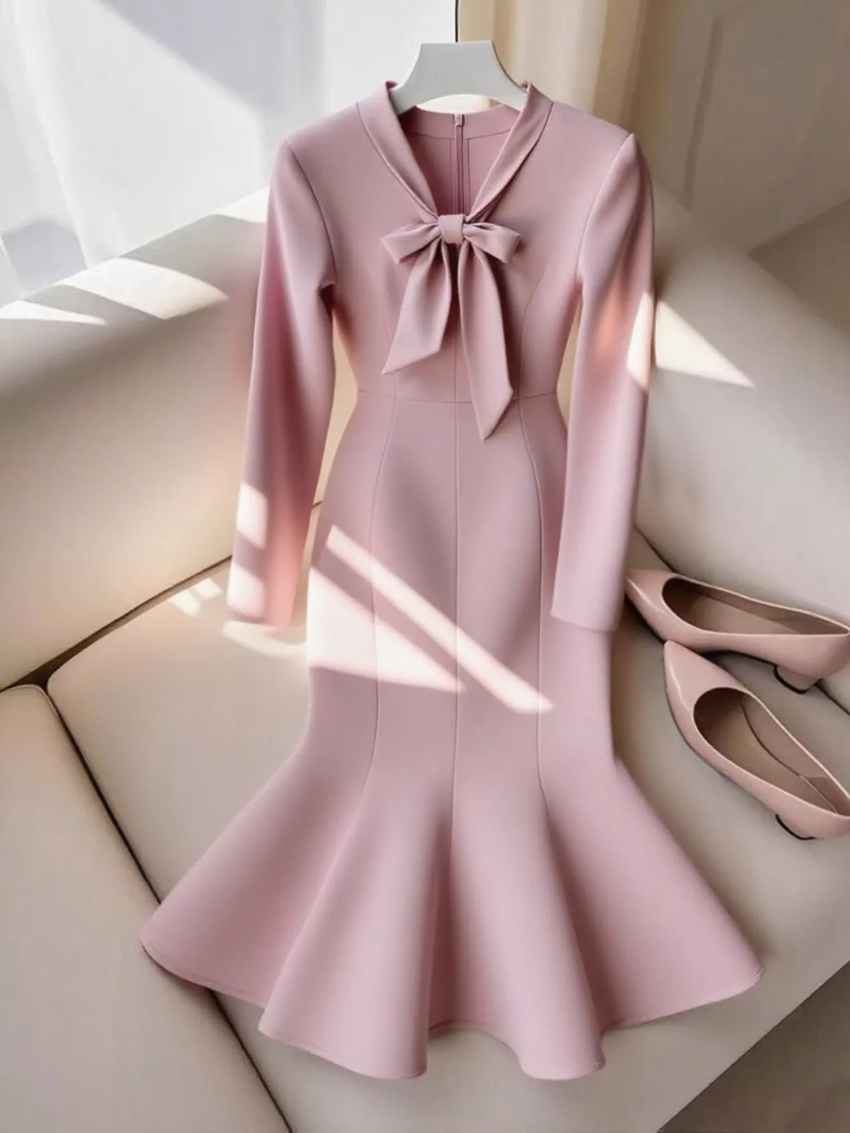 Bow-Knot Long Sleeve Mermaid Dress Dusty Pink / S