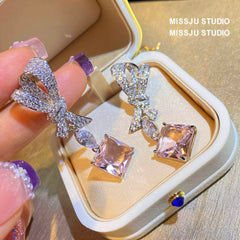 Bow Knot Pink Sapphire Dangle Earrings Pink