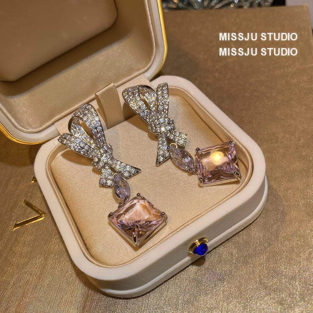 Bow Knot Pink Sapphire Dangle Earrings Pink