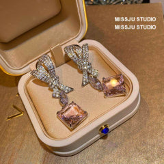 Bow Knot Pink Sapphire Dangle Earrings Pink