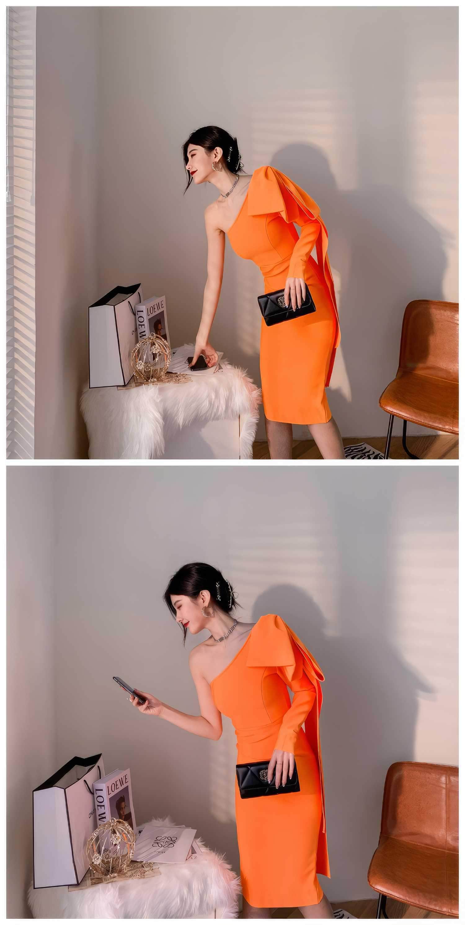 Bow-Knot Shoulder Long Sleeve Dress