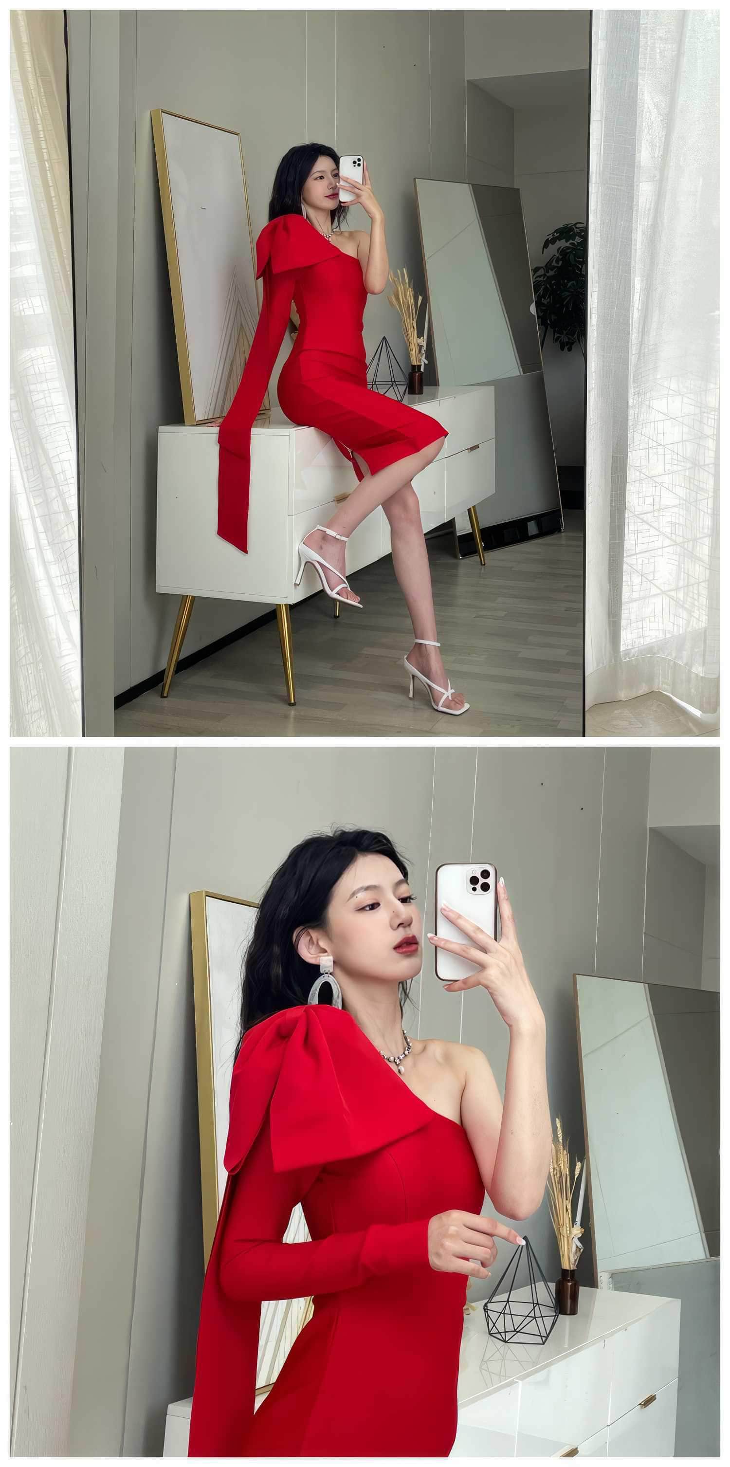 Bow-Knot Shoulder Long Sleeve Dress