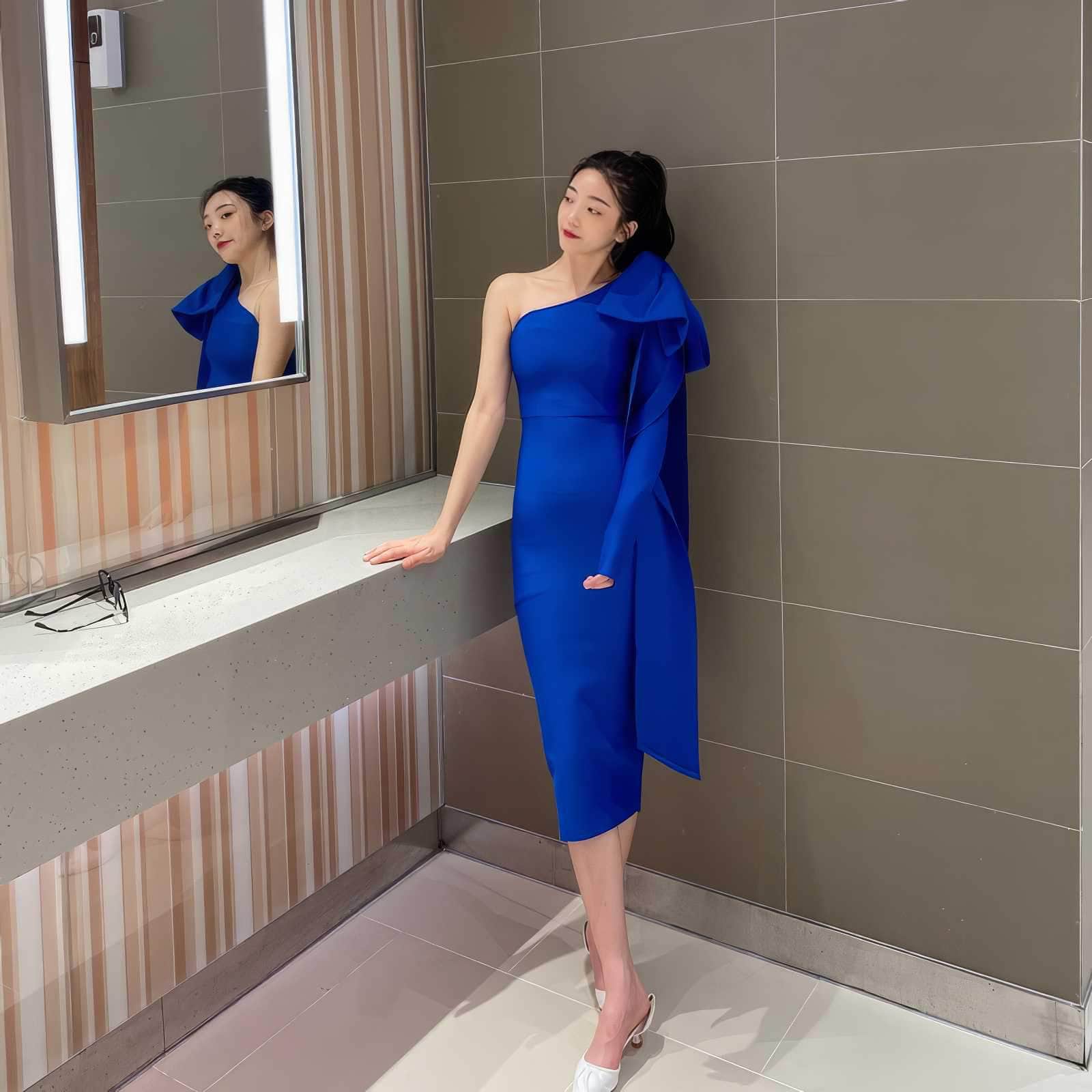Bow-Knot Shoulder Long Sleeve Dress XS / Blue