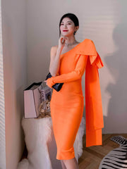 Bow-Knot Shoulder Long Sleeve Dress XS / Orange