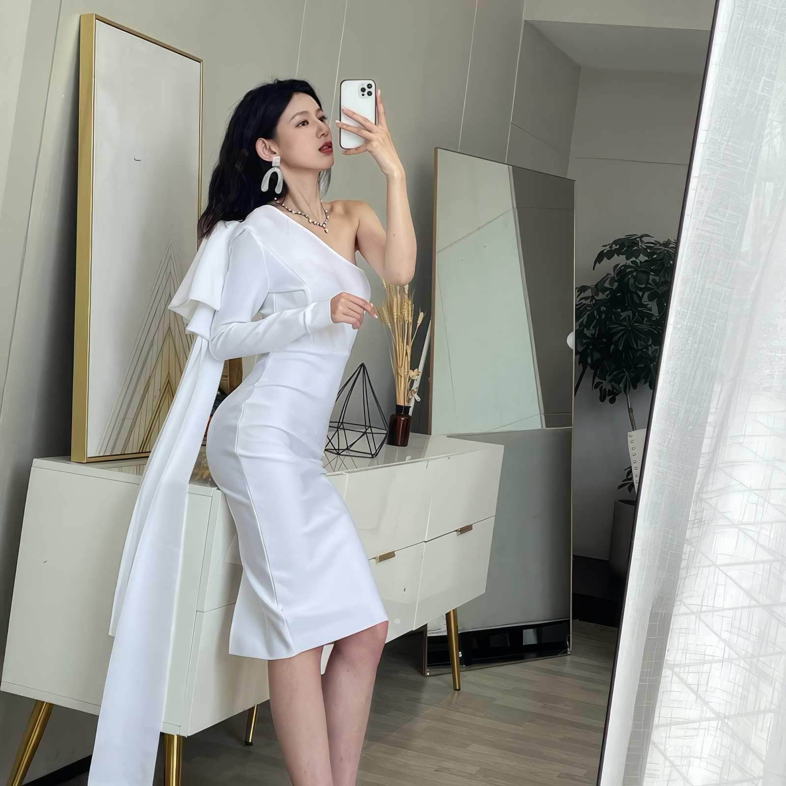 Bow-Knot Shoulder Long Sleeve Dress XS / White