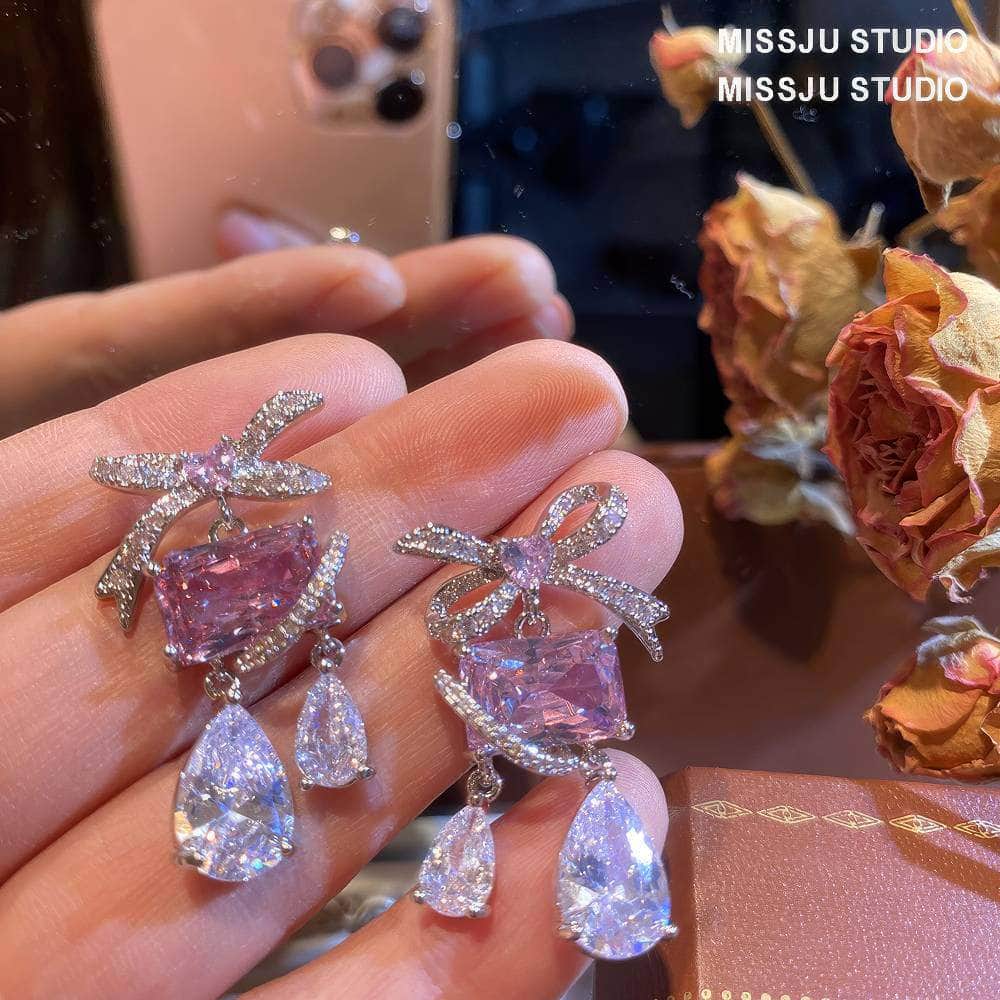 Bow Knot Square Tear Drop Heart Deco Dangle Crystal Earrings Pink