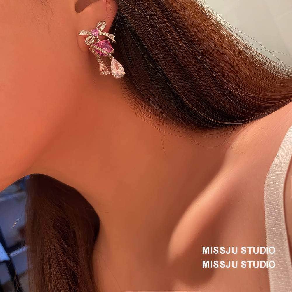 Bow Knot Square Tear Drop Heart Deco Dangle Crystal Earrings Pink