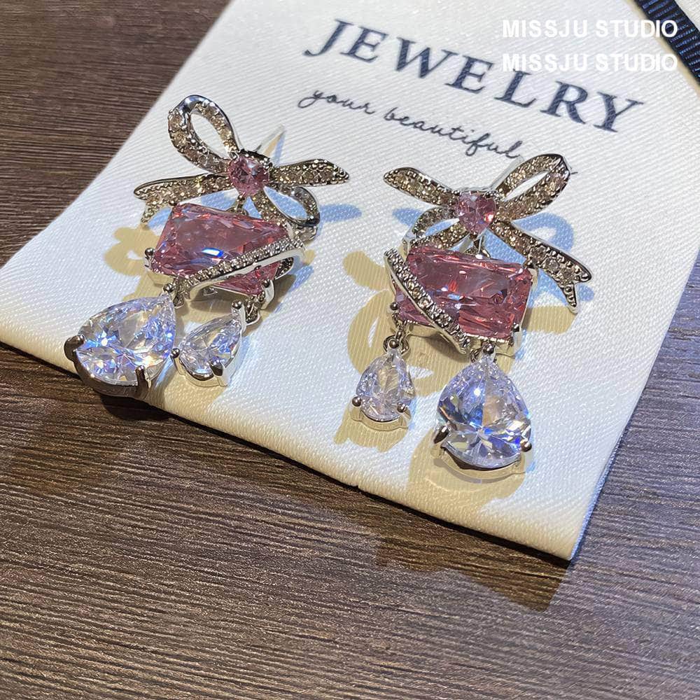 Bow Knot Square Tear Drop Heart Deco Dangle Crystal Earrings Pink