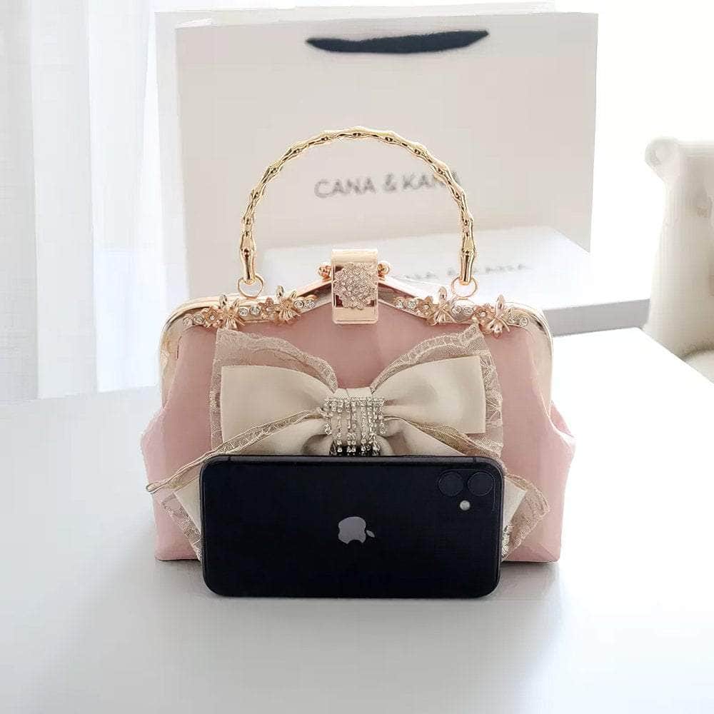 Bow Mesh Detailed Crystal Tassel Diamond Purse LightPink
