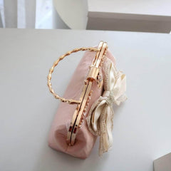Bow Mesh Detailed Crystal Tassel Diamond Purse LightPink