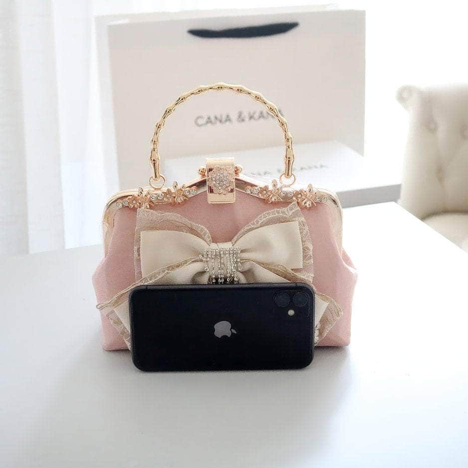 Bow Mesh Detailed Crystal Tassel Diamond Purse LightPink