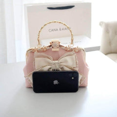 Bow Mesh Detailed Crystal Tassel Diamond Purse LightPink